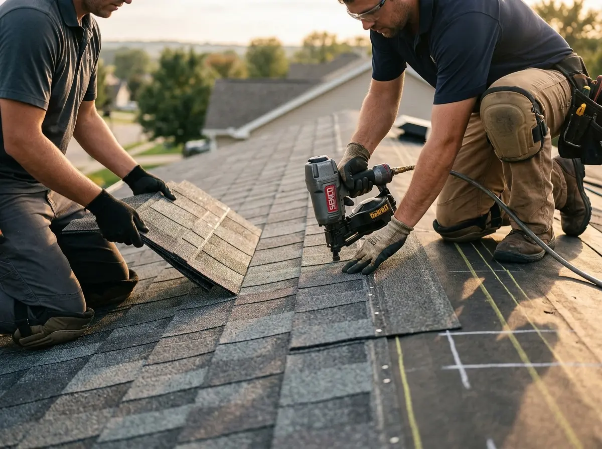 Professional roofer working on a residential roof in Biloxi